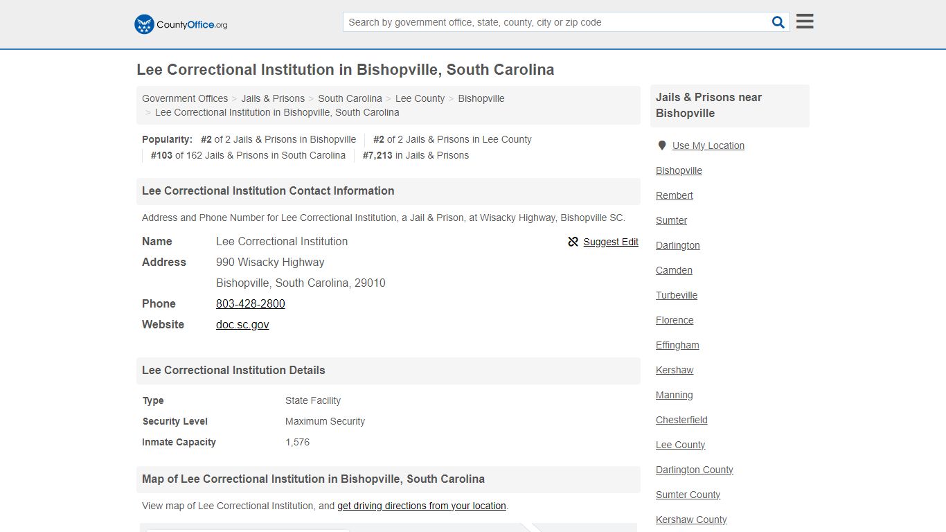 Lee Correctional Institution - Bishopville, SC (Address and Phone)